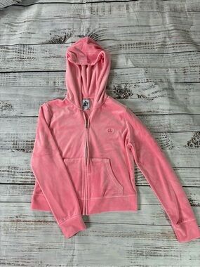 Juicy Couture Track Jacket Size Medium Pink Velour Full Zip With Hood
